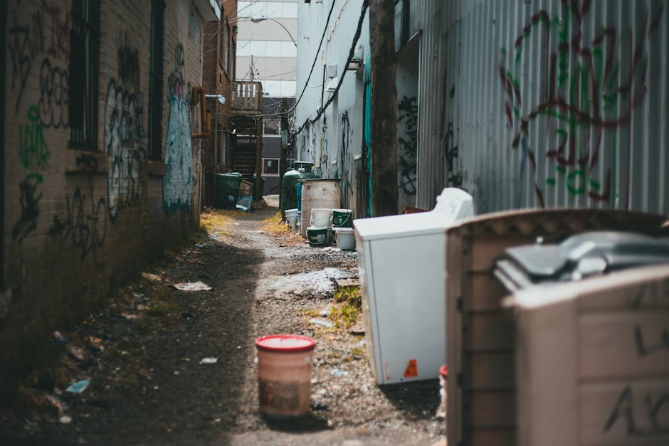 A narrow urban alleyway with weathered brick and corrugated metal walls, both covered in colourful graffiti tags and street art. The ground is uneven and muddy, with patches of wetness and scattered d
